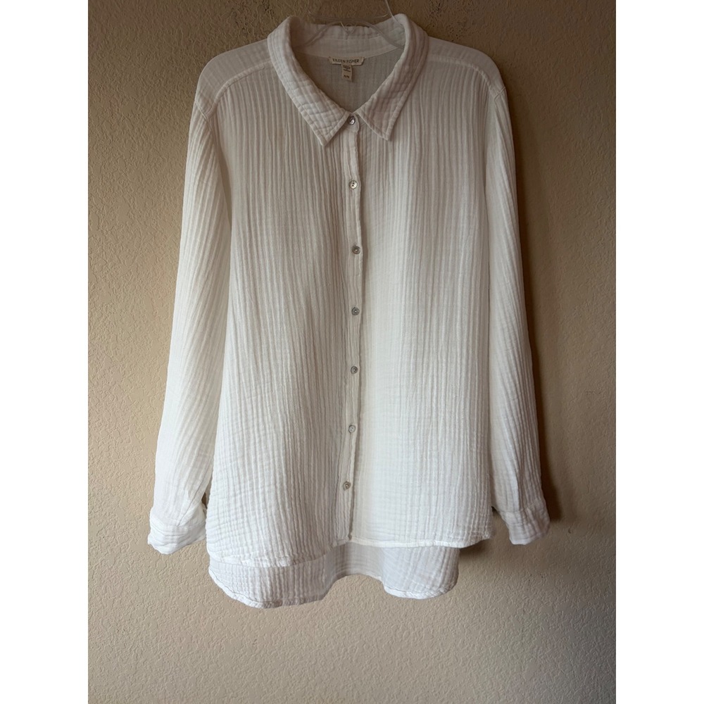 Eileen Fisher White Organic Cotton Gauze Button Down Shirt XL Crinkle Blouse